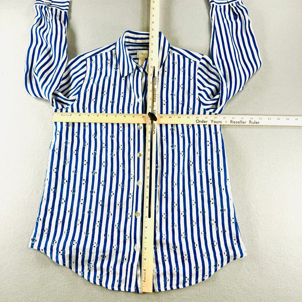 Chico's 100% Linen Striped Eyelet Button Down Shirt Blue White Size 0 / Small - Picture 3 of 8